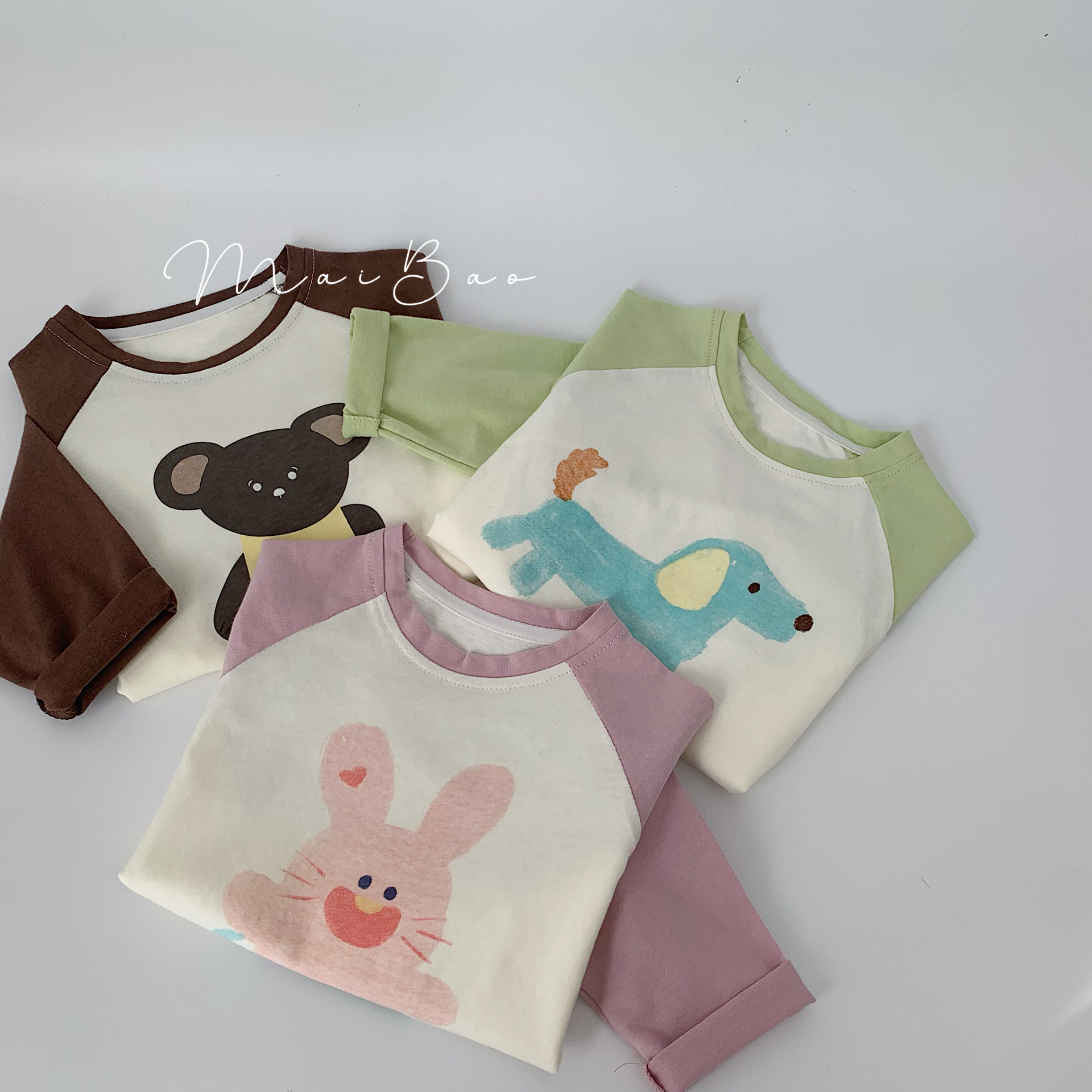 Maibao niños camiseta 2024 primavera dibujos animados de manga larga nueva ropa para niños impreso manga raglán niños y niñas algodón top