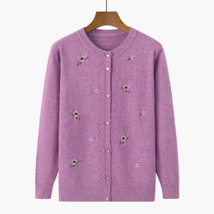 Middle-aged Mother's Crewneck Embroidered Cardigan Middle-aged and Elderly Women's Button Knitted Shirt Top Grandma's Autumn New
