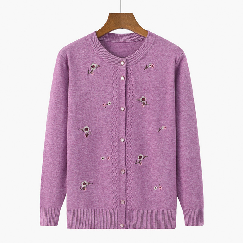 Middle-aged Mother's Crewneck Embroidered Cardigan Middle-aged and Elderly Women's Button Knitted Shirt Top Grandma's Autumn New