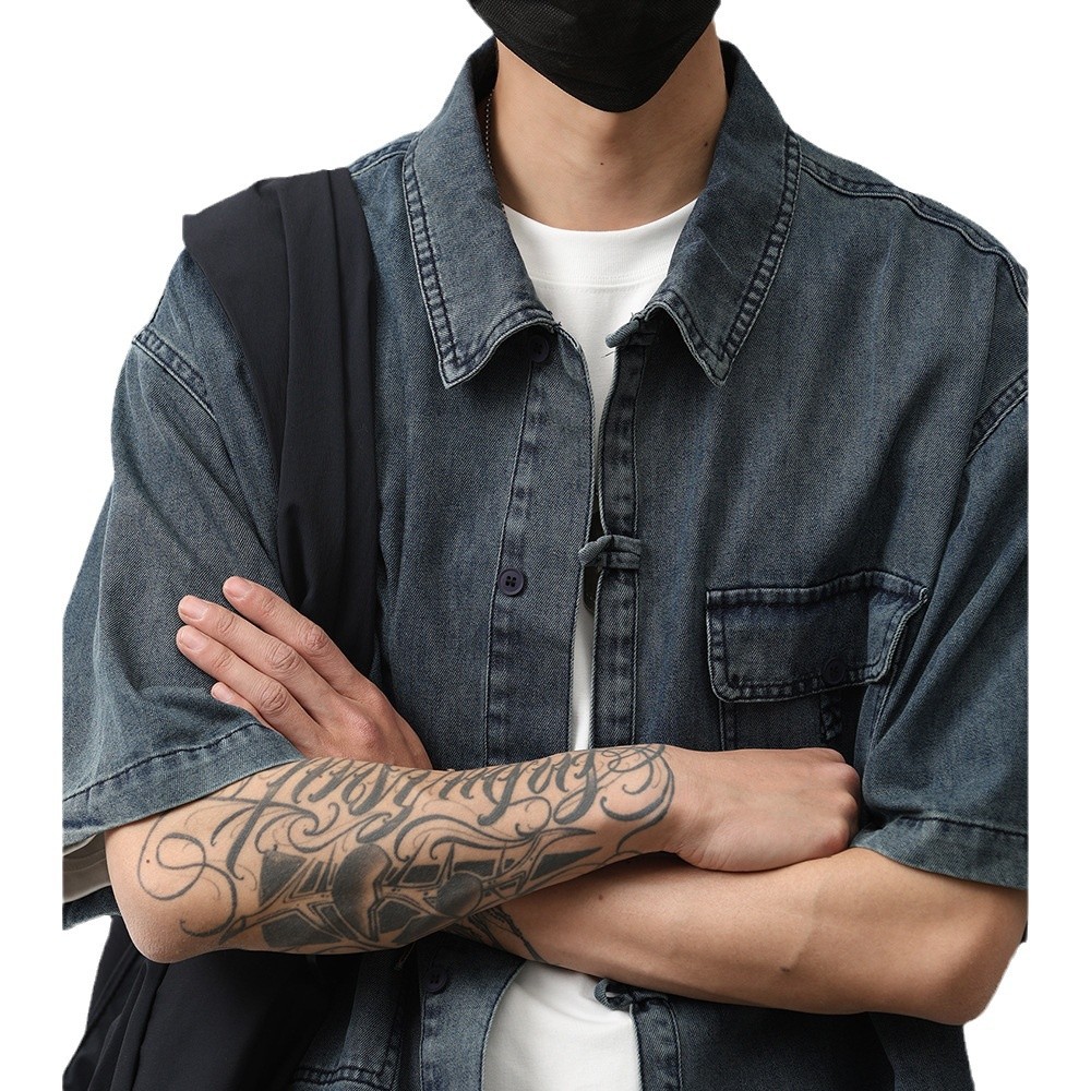 1 Denim Short Sleeve Summer New Chinese Niche Design Button Dark Blue Shirt Men's National Style Jacket Trendy_voghion.com