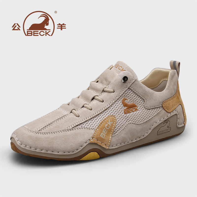公羊男鞋2025新款夏季网面透气真皮休闲皮鞋潮流百搭运动鞋子代发