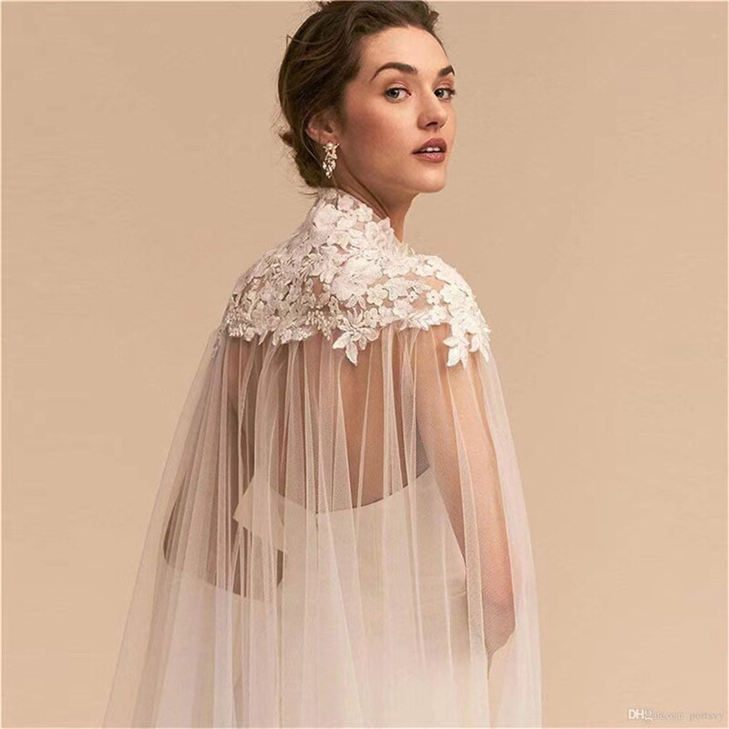 Bridal mesh shawl small stand collar lace applique cloak tulle tube top dress wedding clothing accessories cloak Bridal mesh shawl small stand collar lace applique cloak tulle tube top dress wedding clothing accessories cloak
