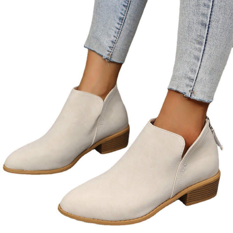 Comercio exterior transfronterizo plano más tamaño botas de cuero cortas Botas de mujer punta puntiaguda tacón grueso cremallera trasera gamuza y botines Botas de mujer Martin