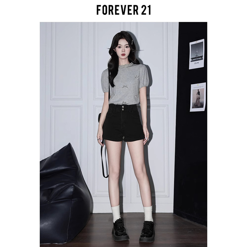Forever21 American Hot Girl Black High Waist Denim Shorts Women's Summer Design A-Line Pear-Shaped Hip Covering Hot Pants