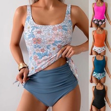 葫芦岛泳装欧美时尚印花抽绳泳衣高腰褶皱分体泳衣两件套比基尼