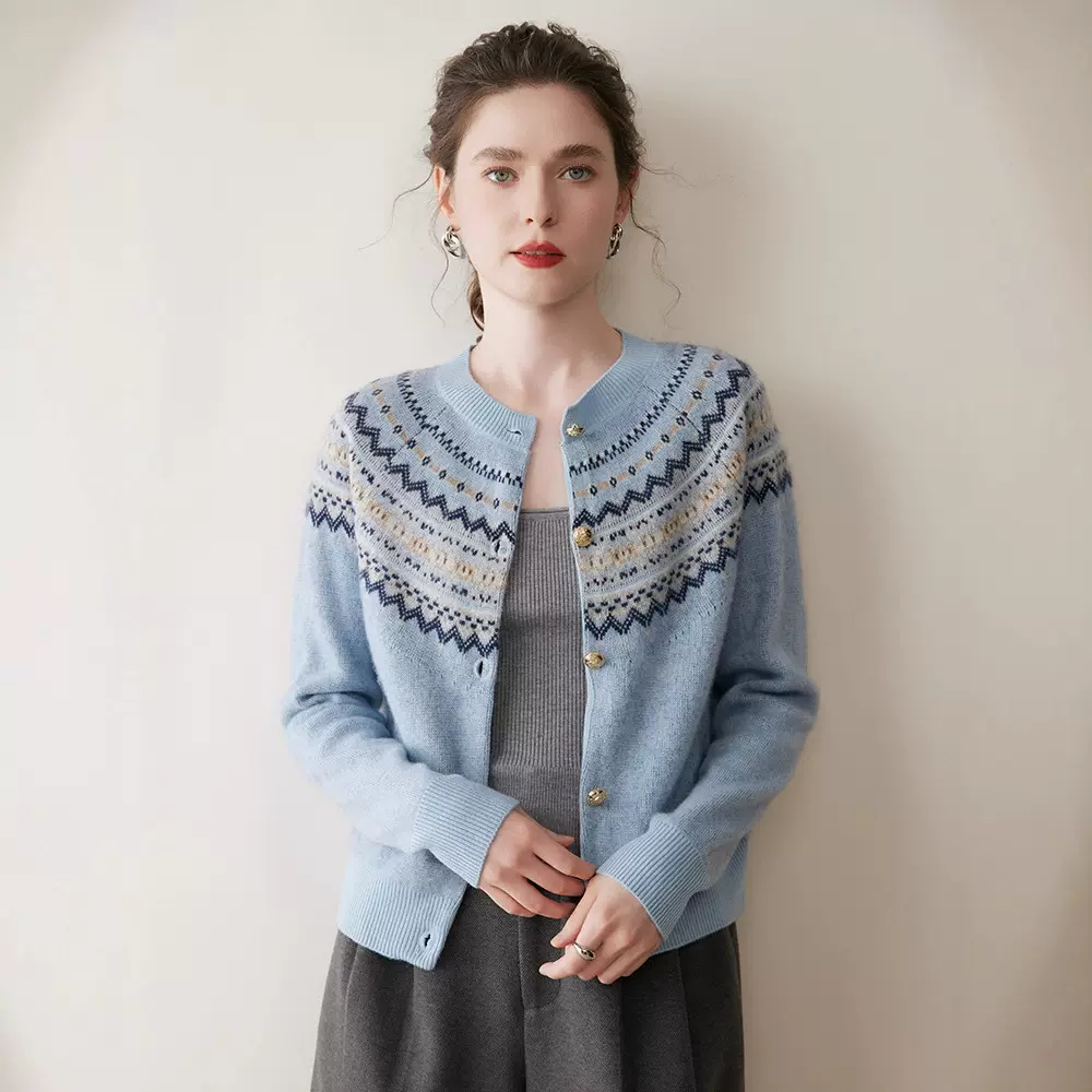 费尔岛圆领羊绒开衫女针织提花外套上衣秋冬宽松插肩长袖外搭毛衣