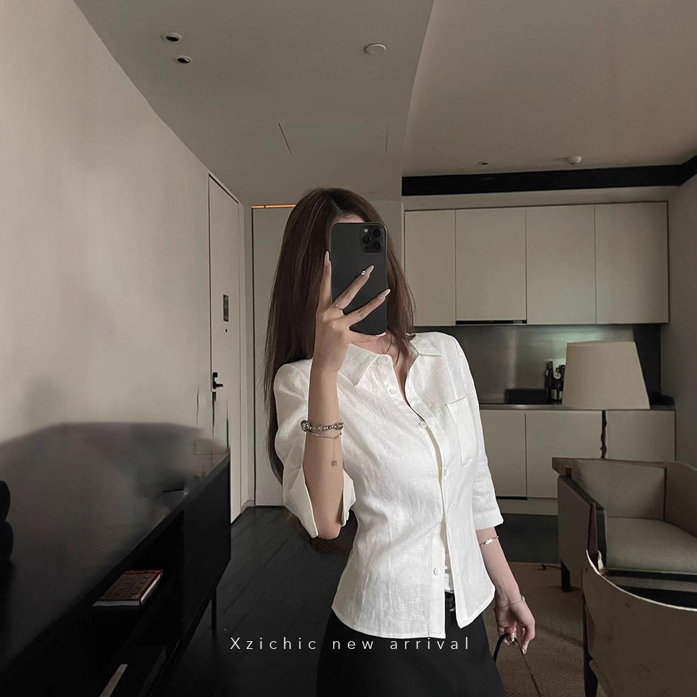 100 Linen Mid-Sleeve Shirt for Women 2025 Summer New Natural Pleated Shirt Waist Top