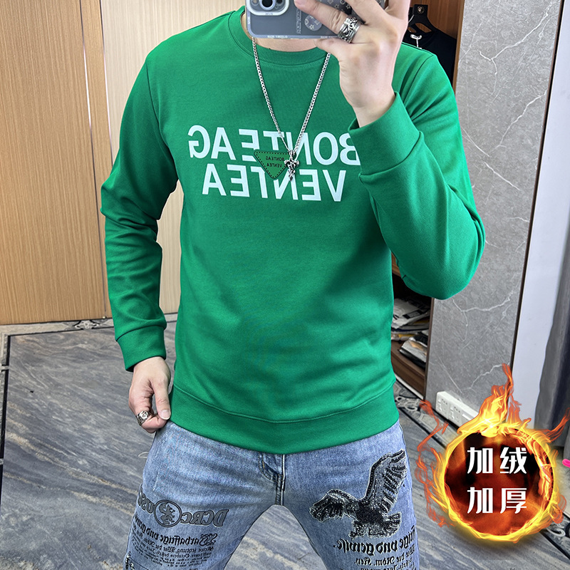 2025 Winter New Style Velvet Thickeneded Sweatshirt Men's Tops Round Neck Long-Sleeved Bottoming Shirt European Warm Autumn Clothing Trendy 64