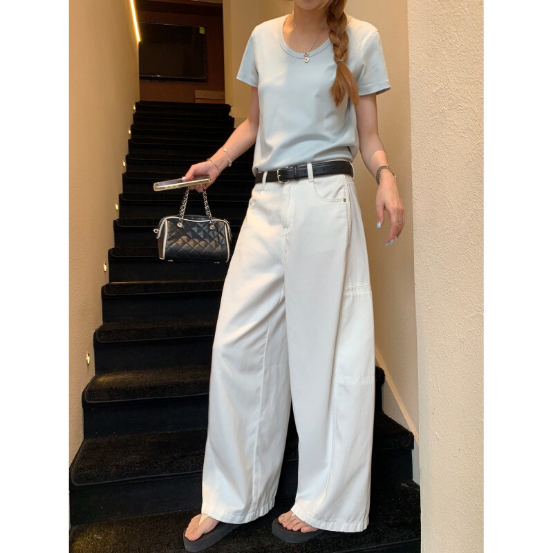 Workwear Office Lightweight Tencel Cotton Scimitar Work Pants for Women, Summer Lazy Wide-Leg White Jeans