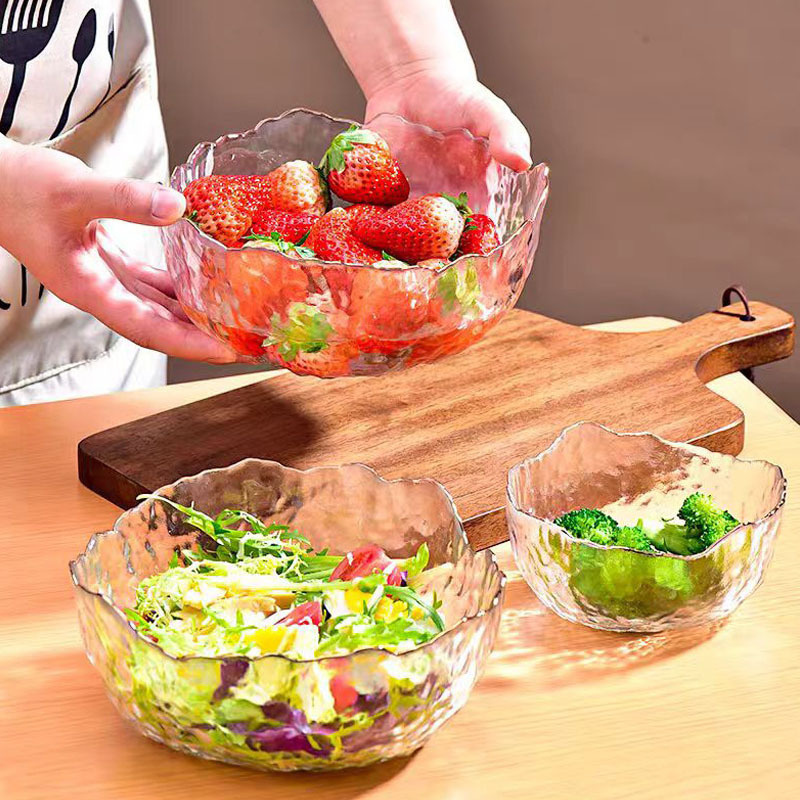 Household Lead-Free Crystal Glass Salad Bowl with Gold Rim, Household Fruit Plate, Dessert Bowl, Wind Dish, Tableware Set, Hammer Pattern