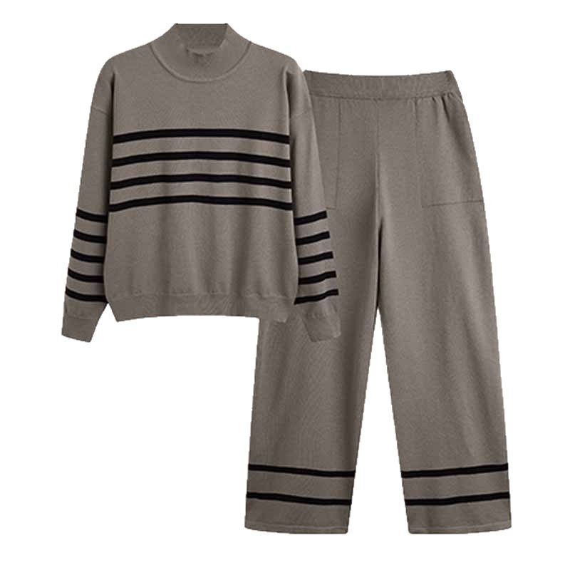 Strickset mit Kontraststreifen – Halb-Rollkragenpullover & Weite Hose (Oversized-Outfit)_voghion.com