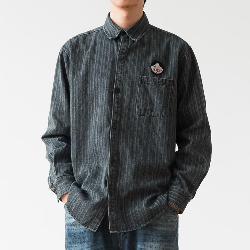 Amerikaanse stijl badge geborduurd gestreept denim shirt met lange mouwen voor heren jeugd trendy werkkleding shirt 2025_voghion.com