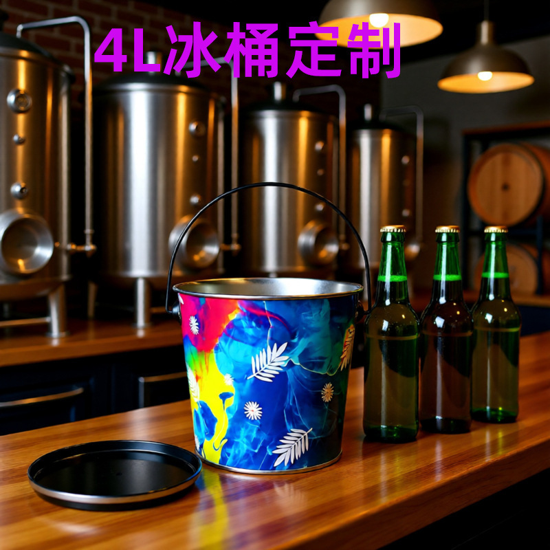 Customized Processing Oem 5L Iron Ice Bucket Tinplate Beer Ice Bucket Snack with Lid Promotion Cone-Shaped Champagne Bucket