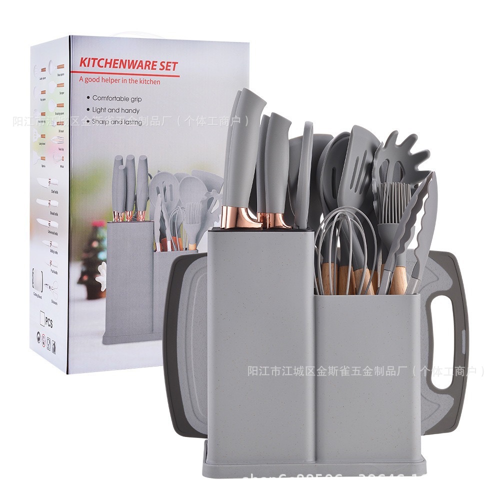 19 piezas de fábrica de cocina de silicona cocina antiadherente resistente a altas temperaturas con cuchillos de silicona con barril de almacenamiento
