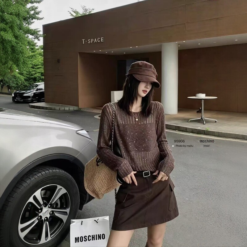 2026 Autumn New Floral Sequin Round Neck Long Sleeve Knit Sweater for Women, Loose Thin Hollow Out Fashionable Short Top