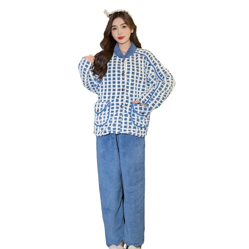 Alto grado Plaid azul pijamas de las mujeres Otoño e Invierno franela cardigan engrosada felpa traje ropa de abrigo homewear