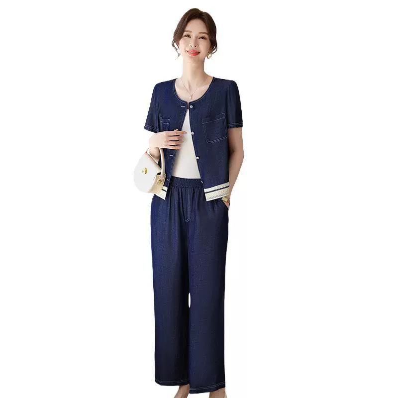Модный джинсовый набор средних лет женский летний тонкий стиль стильный, стильный, с короткими рукавами, мама топ, широкие брюки, набор из двух частей