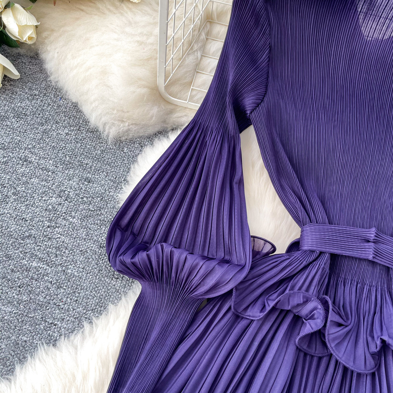 Korean Style Lantern Sleeve Dress, Women's Fitted Waist Tie Ruffle Pleated Cake Skirt, Slimming Long Skirt_ecoleips.com