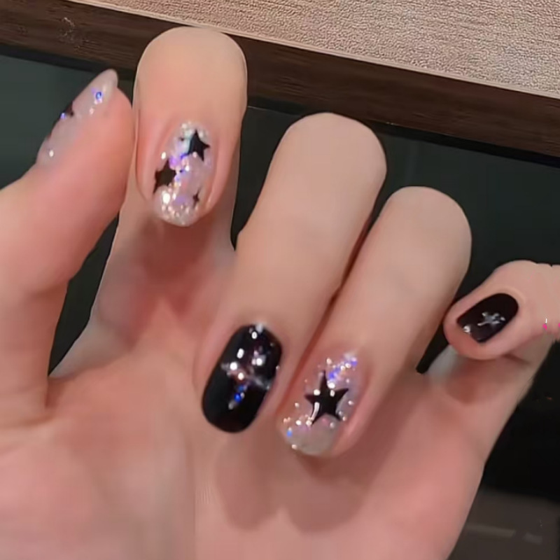 Purely Handmade Wearable Manicure Finished Fake Nails Short Style Student Black Sweet and Cool Removable and Reusable Purely Handmade Wearable Manicure Finished Fake Nails Short Style Student Black Sweet and Cool Removable and Reusable