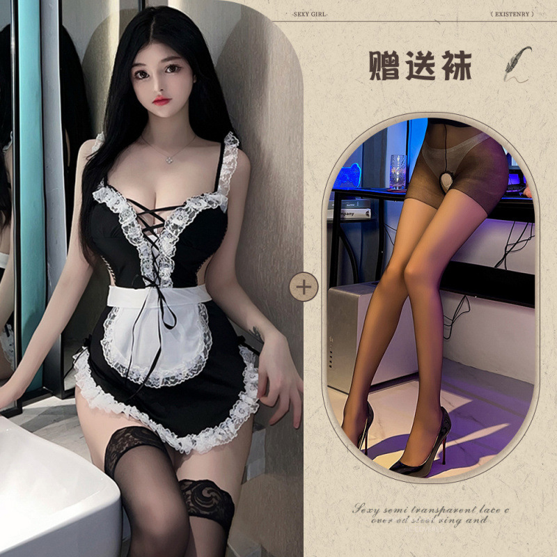 Sexy Lingerie Role Play Maid Uniform With Lace-up Bra Set_voghion.com