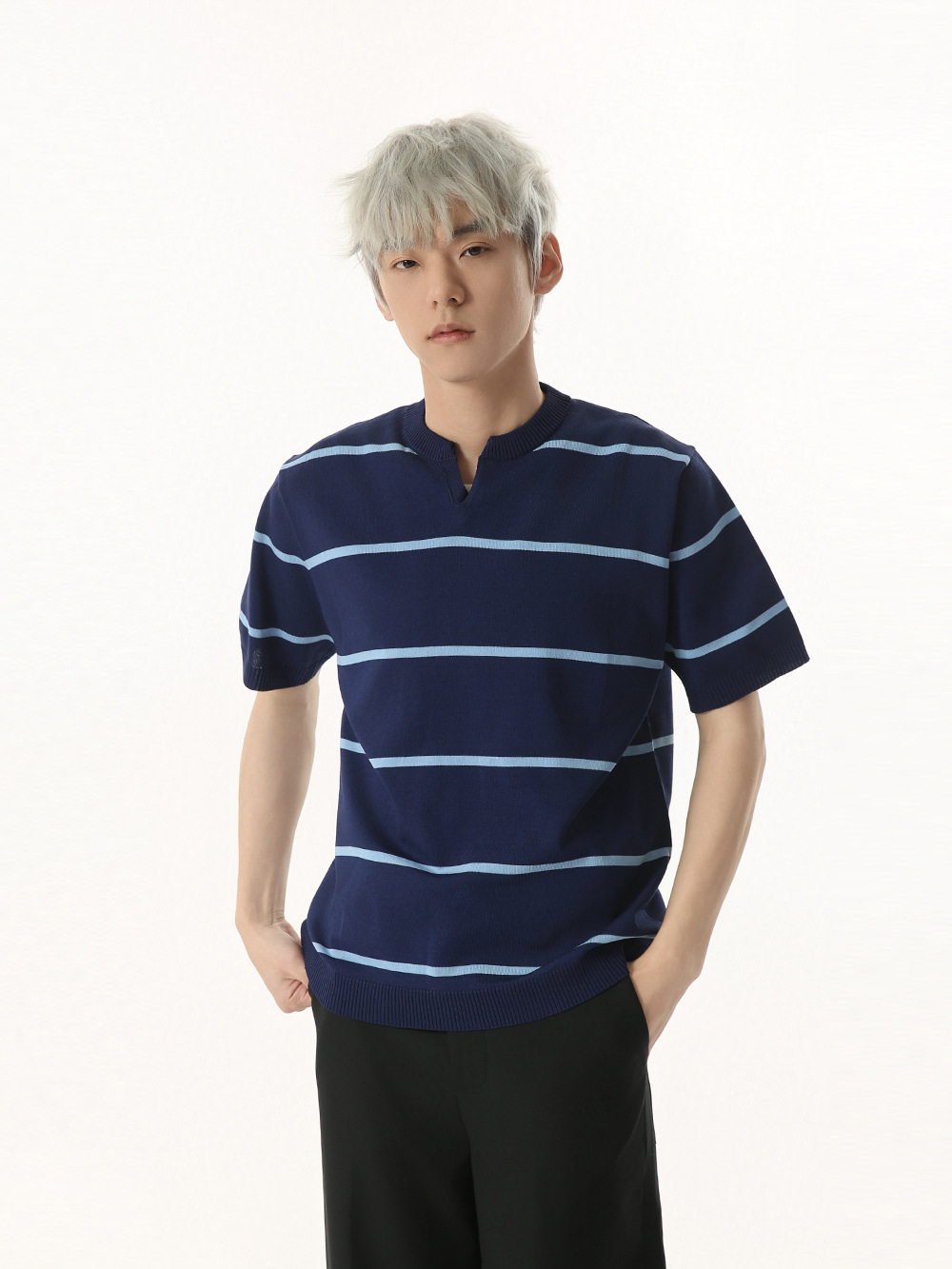 MTLCLOTHES Hombres| Retro japonés V-collar rayas de color contrastante jersey camisa de manga corta universal de viaje diario