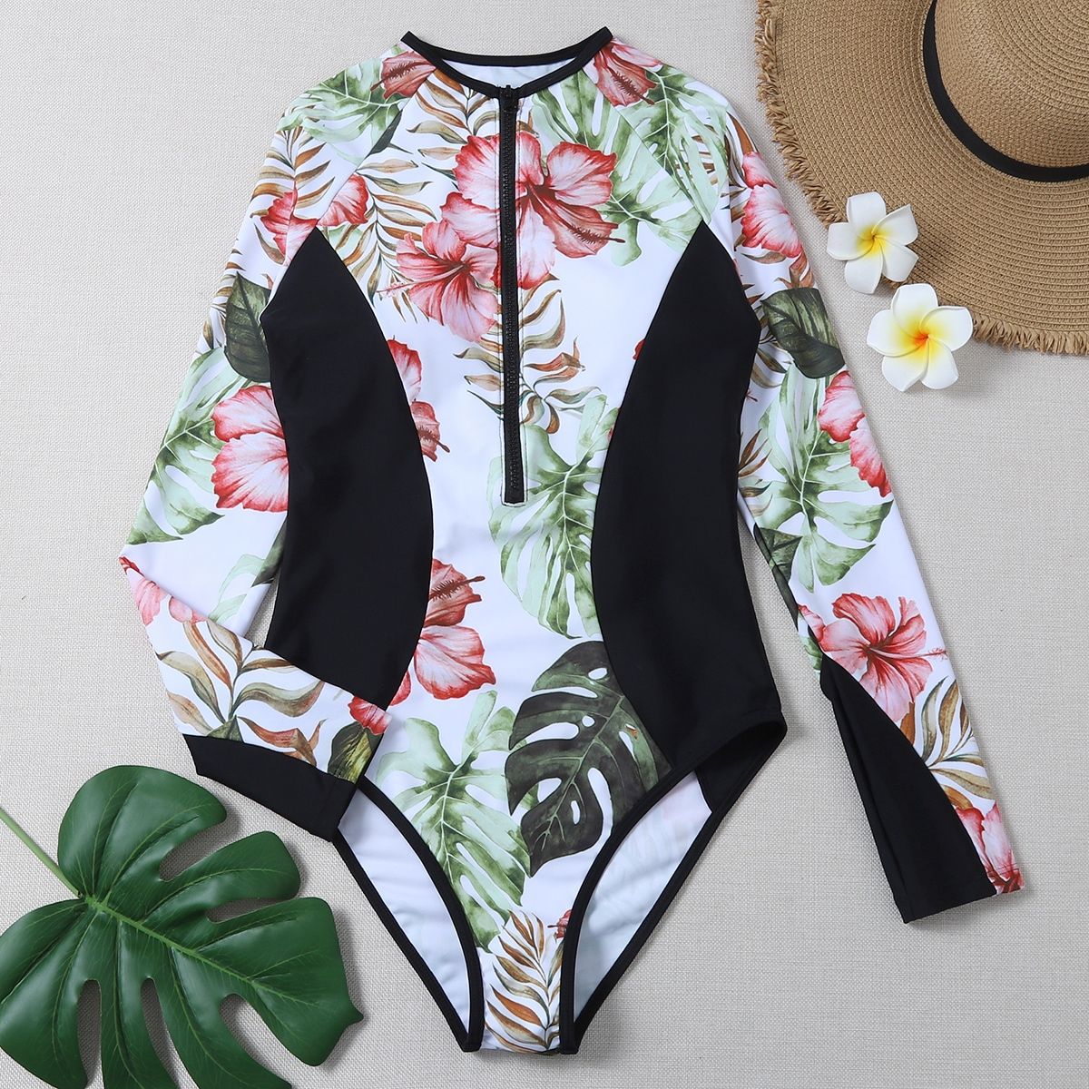 Costumi da bagno da donna Visto per la prima volta Nuovo costume da bagno intero sexy stampato attillato da donna Commercio estero Sport a maniche lunghe Bikini con cerniera_voghion.com