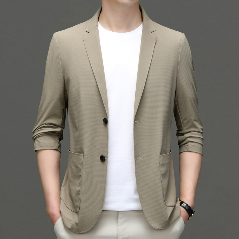 Sun Protection Suit, Ice Silk Waffle Pattern Men's Thin Suit Jacket, Breathable, Stretchy, Seamless, Business Versatile Suit