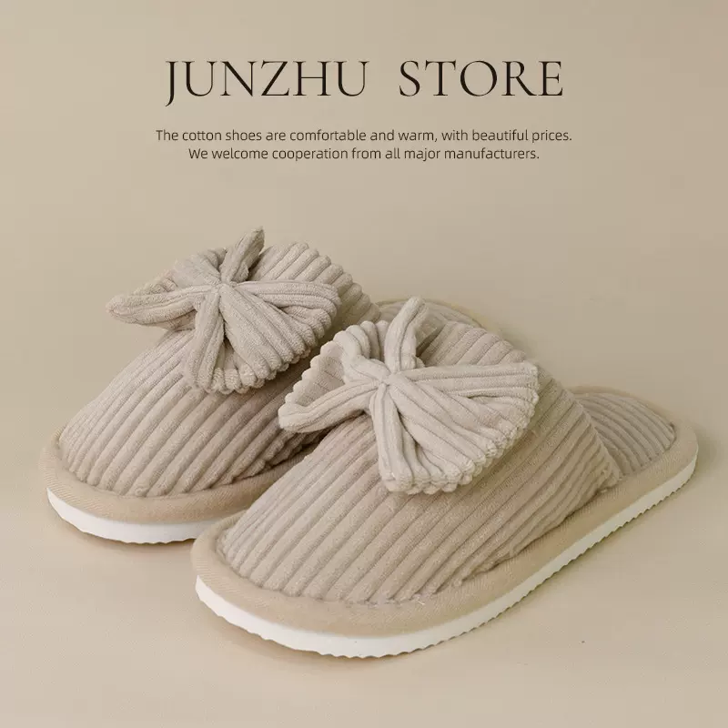 跨境新款棉拖鞋秋冬季情侣蝴蝶结棉拖居家室内保暖家棉用拖鞋男女