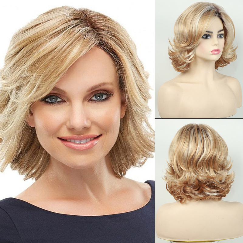 Europe and the United States cross-border new wig women's black gradient golden wig short curly hair chemical fiber head cover high temperature silk wig cover Europe and the United States cross-border new wig women's black gradient golden wig short curly hair chemical fiber head cover high temperature silk wig cover