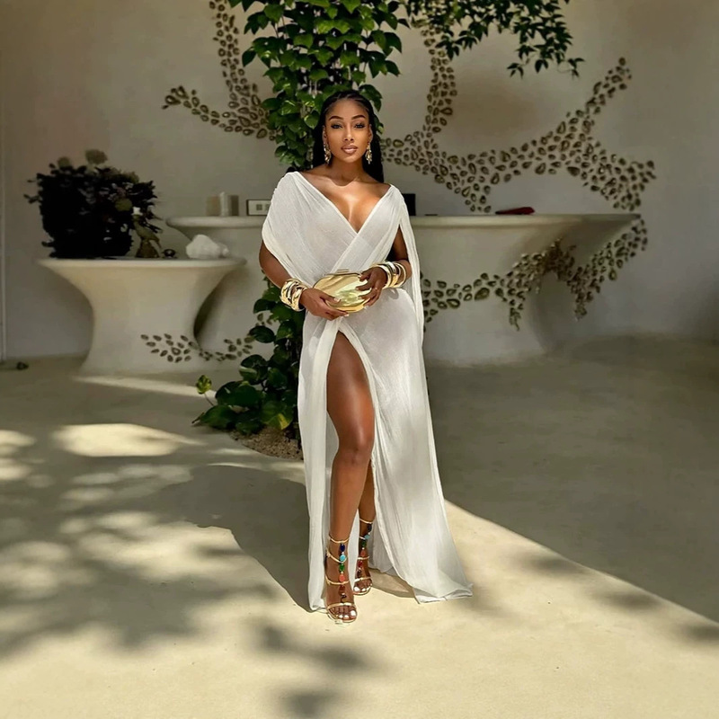 2026 New European and American Style Deep V-Neck Cape Slit Long Dress Vacation Beach Cover-Up Sexy Off-Shoulder Long Dress