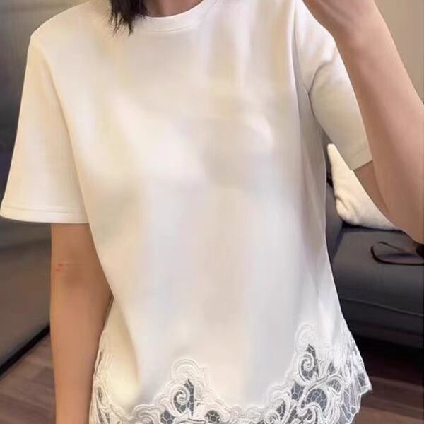 [220g Cotton] White Lace Splicing Short-Sleeved T-Shirt for Women, New Summer Design, Beautiful, Unique and Chic