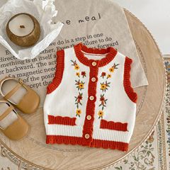 2023 Spring and Autumn New Year baby girl versatile baby 0-2 years old cardigan knitted sweater embroidered round neck vest outer