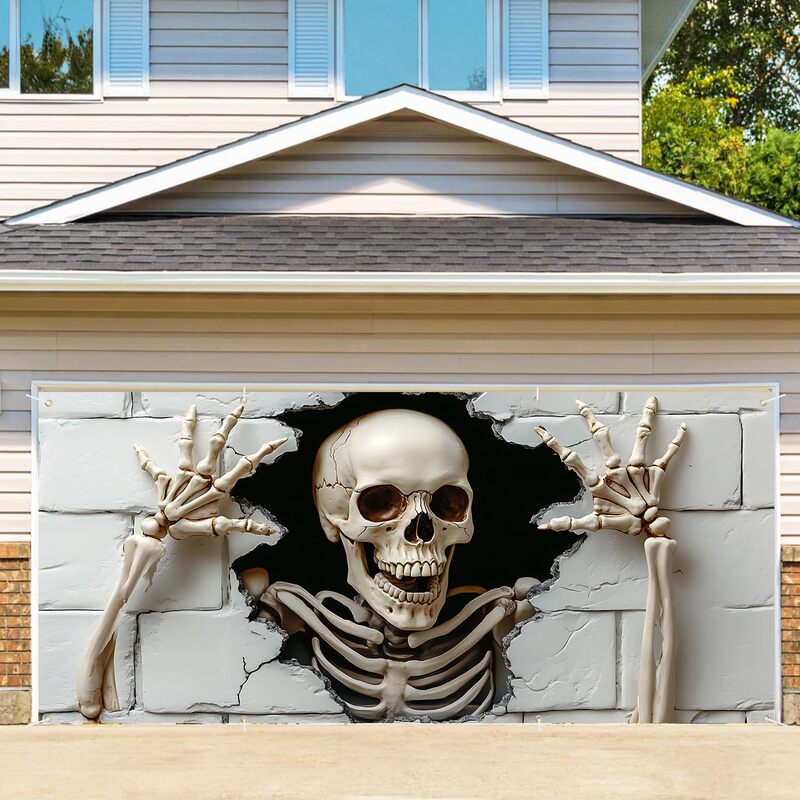 Cross-Border Halloween Garage Door Decoration Skull Witch Pattern Door Cover Hanging Banner Decoration Garage Banner Wholesale