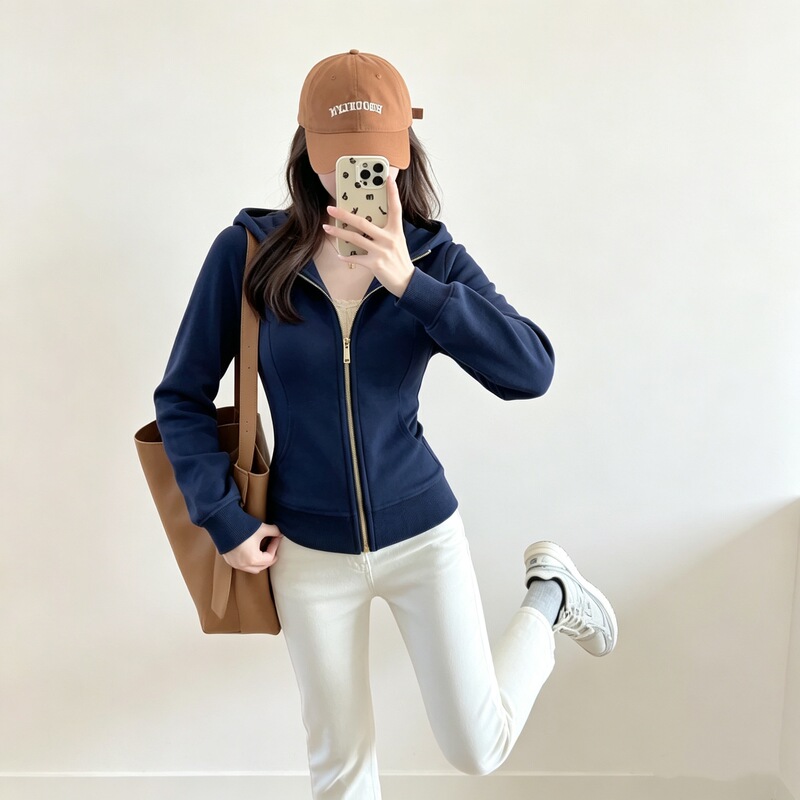 Jimo women's sweatshirt jacket for autumn and winter, a very stylish top with a high-end feel, autumn hooded, regular shoulder, slim fit, Korean style, thin Jimo women's sweatshirt jacket for autumn and winter, a very stylish top with a high-end feel, autumn hooded, regular shoulder, slim fit, Korean style, thin