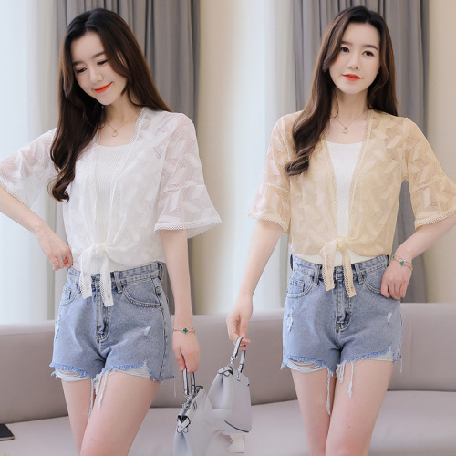 Summer sun protection clothing lace shawl jacket women's short cardigan with waistcoat chiffon mid-sleeve thin top for women