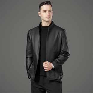 Fashionable Genuine Leather Jacket Men's Spring and Autumn Vertical Collar Sheepskin Coat fleece-lined Thickened Leather Jacket for Middle-aged and Elderly Dad
