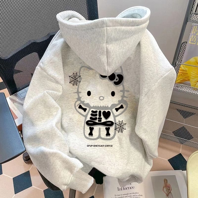 不起球美式慵懒凯蒂猫连帽卫衣女秋冬季加绒潮牌外套|undefined