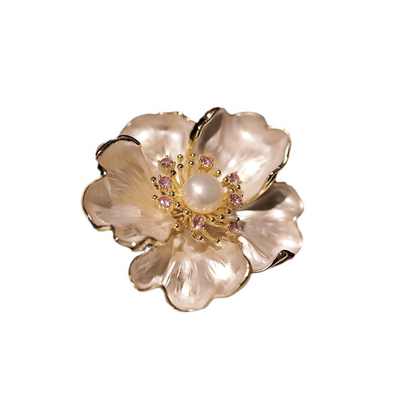 Französische Vintage Pfingstrose Brosche, Natürliche Süßwasserperlen Blumennadel_voghion.com