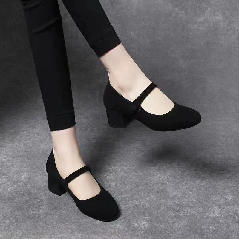Толстый каблук с неглубоким ртом мама обувь замшевая удобная пригородная обувь 2024 весна и осень новые дикие туфли на высоком каблуке для женщин