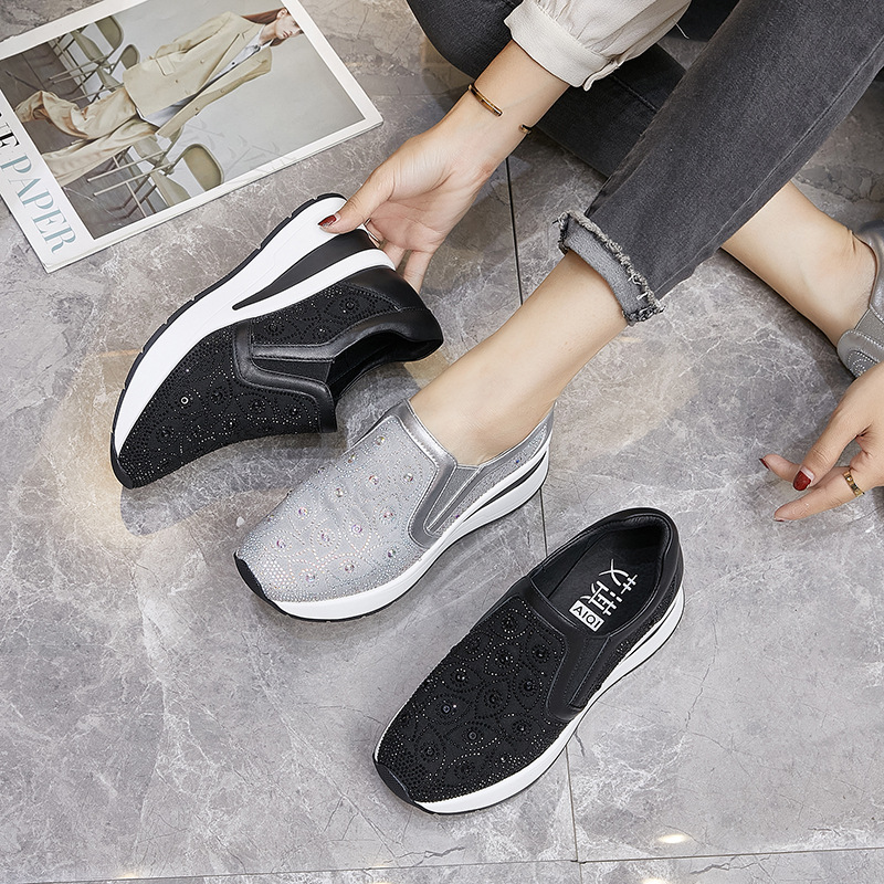 Low demi-season casual footwear with rhinestones platform wedge heel