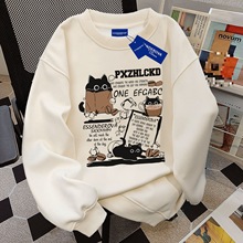 棉卡通小猫圆领卫衣女秋冬季加绒甜美小清新情侣上衣