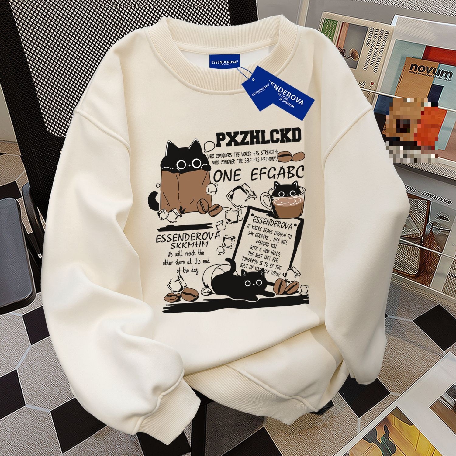 棉卡通小猫圆领卫衣女秋冬季加绒甜美小清新情侣上衣