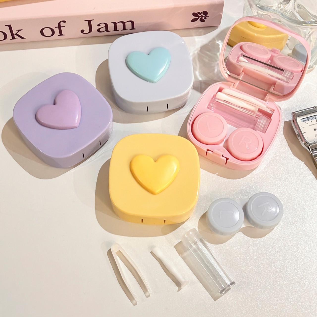 马卡龙色方形爱心隐形眼镜盒美瞳收纳盒便携带镜子可爱眼镜伴侣盒