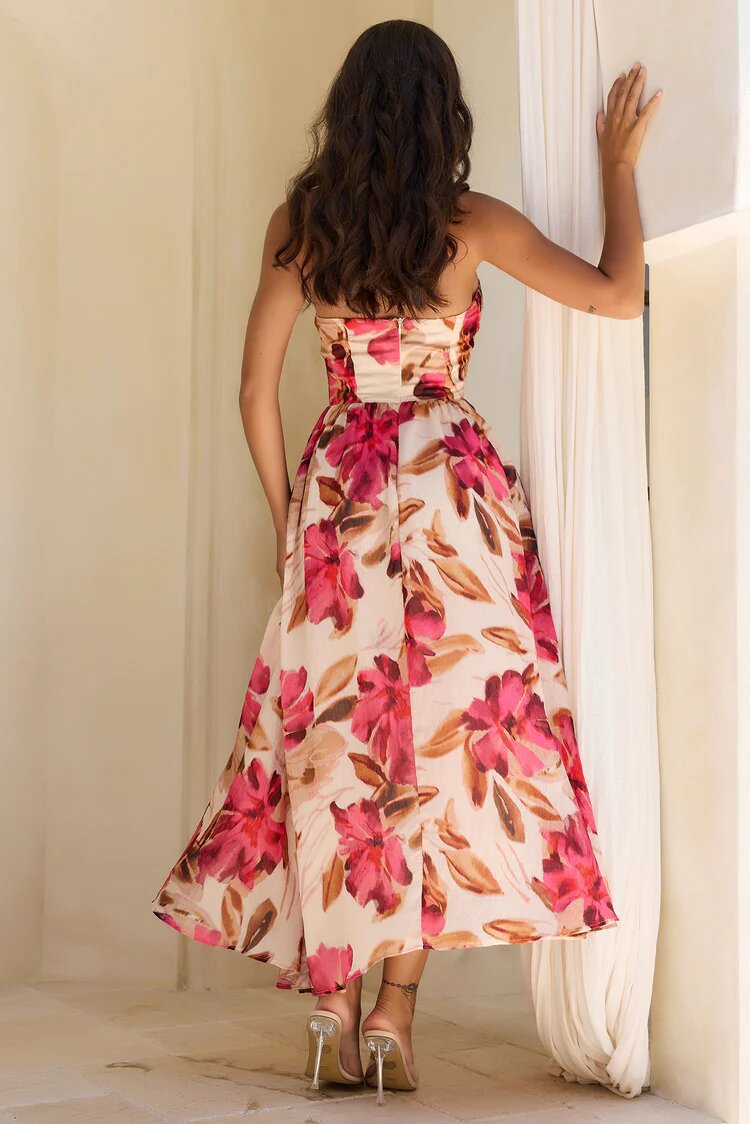 Fashionable Halter Neck Tie Waist Backless Dress Large Floral Print Long Skirt Women's Elegant New Style_ecoleips.com