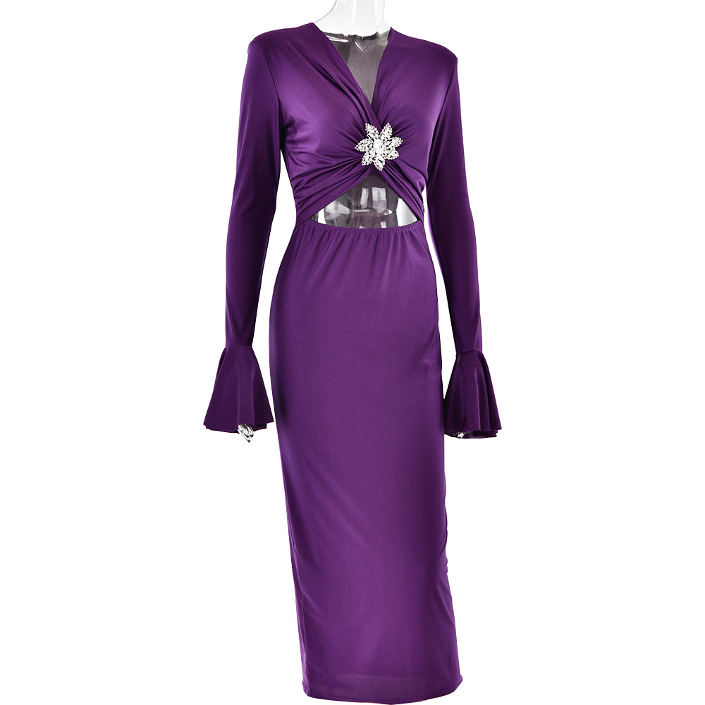 Women's Clothing spring and summer new V neck trumpet sleeve dress fashionable temperament sexy hot girl tight fishtail skirt_ipsvogv.com