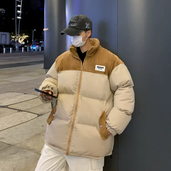 Direct from the manufacturer: Couple's autumn and winter color-block corduroy cotton jacket, Japanese-style loose-fitting stand-up collar thick workwear coat