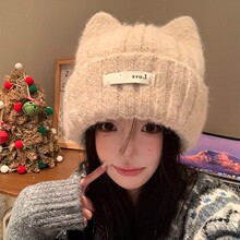 可爱猫耳朵针织毛线帽女秋冬季韩版显脸小帽子加厚保暖护耳包头帽