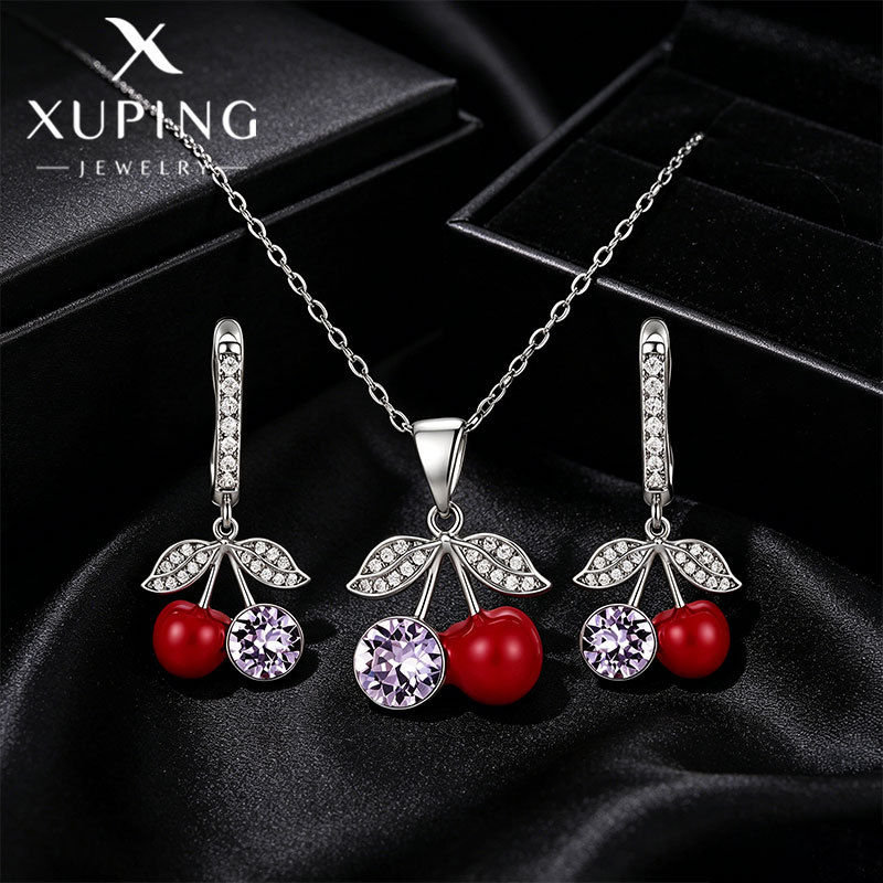 Traje de collar de pendientes de cereza de estilo dulce y tierno Coreano de xuping conjunto de joyas de cristal de imitación de moda y lujo ligero