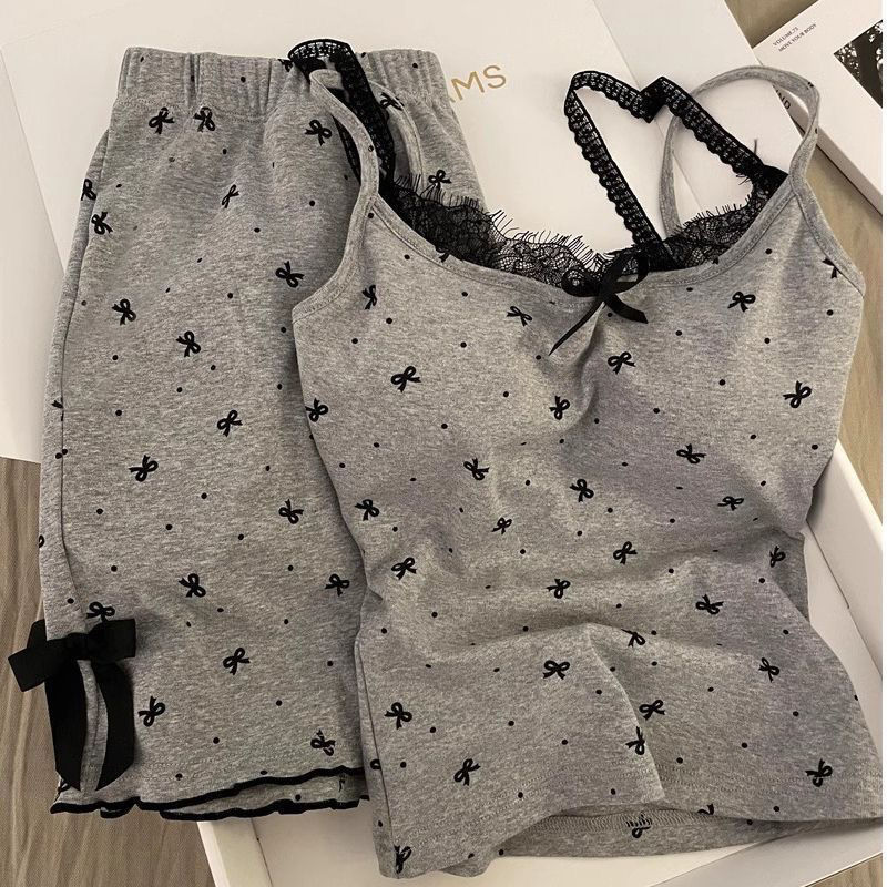 Pajamas with Breast Pads for Women Summer New Korean Style Ins Bow Suspender Shorts Pure Lust Sexy Home Clothes