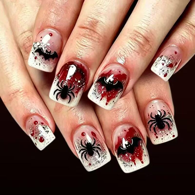 Halloween Bloody Gradient Wearable Nails Bat Spider Blood Droplets Short Square Nails Blood-Stained White Gradient Glitter Party Nails Halloween Bloody Gradient Wearable Nails Bat Spider Blood Droplets Short Square Nails Blood-Stained White Gradient Glitter Party Nails